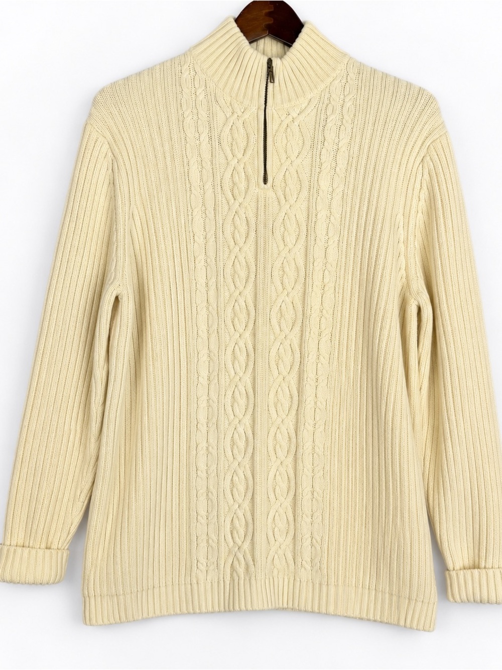 Vintage Lands’ End Ivory Cable Knit Cotton Quarter Zip Sweater XL 18-20